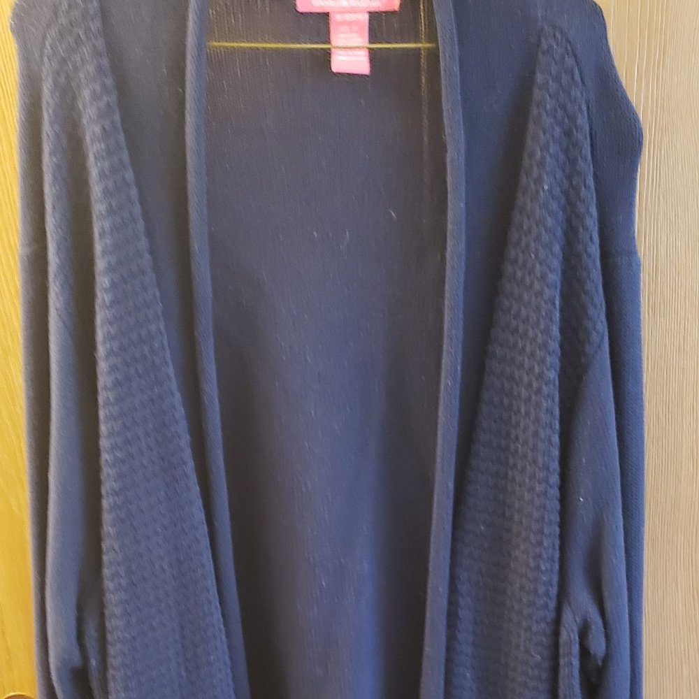 Woman Within Blue Cardigan Sweater